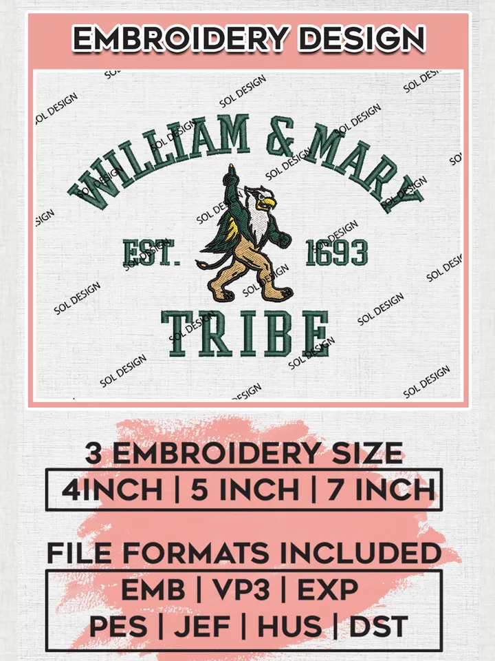 William & Mary Tribe Est 1693 Logo Embroidery Designs, NCAA William Mary Tribe Team Embroidery, NCAA Team Logo, 3 sizes, Machine embroidery Files, Digital Download