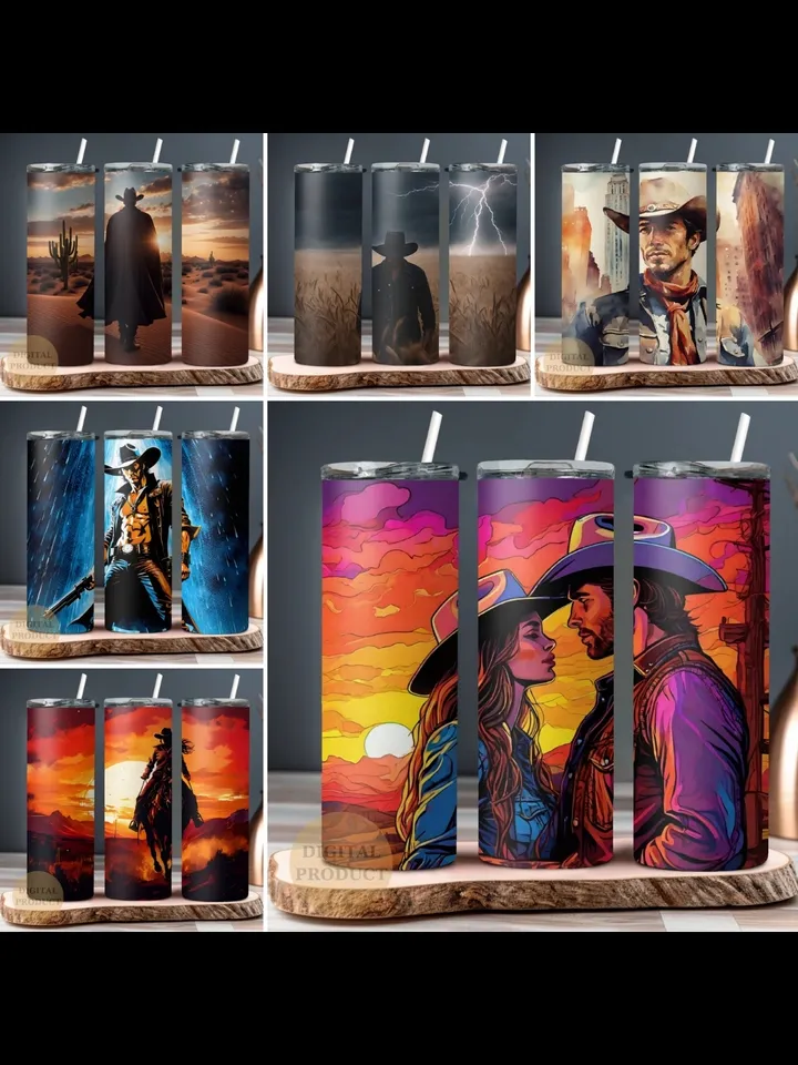 10 Western Cowboy 20 Oz Tumbler Wraps png Bundle, Cowboy and Cowgirl Bundle Sublimation Tumbler Designs png, Cowboy and Cowgirl on Horse