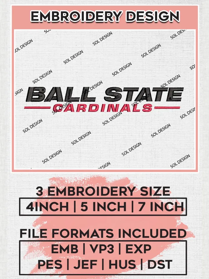 NCAA Ball State Cardinals College Team Writing Logo Embroidery Design Files, NCAA Ball State Cardinals Machine Embroidery, NCAA Teams, 3 sizes, NCAA Machine embroidery designs, Digital Download
