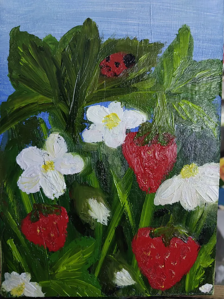 Oil Painting Strawberry Summer Berries Flowers Nature Wall Decor Miniature Cardboard 15x10 cm 6x4 inches In a frame