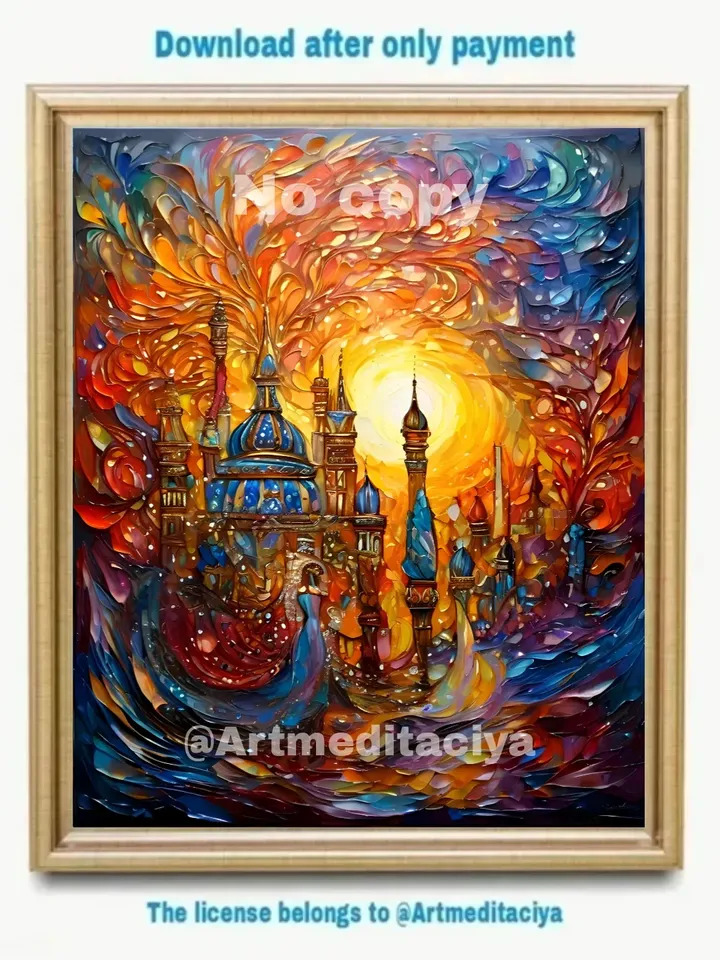 Digital abstract 3d textured modern painting "Oriental fairy tale, 1001 nights". An image of a girl's texture in an abstract colorful city with minarets against a background of moonlight in the style of oil painting with a palette knife