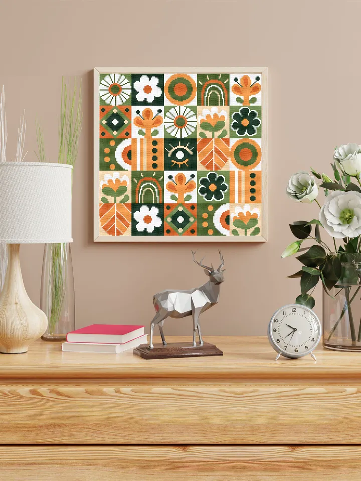 Floral boho cross stitch pattern PDF download Scandinavian folk cross stitch chart for beginner, Abstract flowers pattern digital PDF #P49