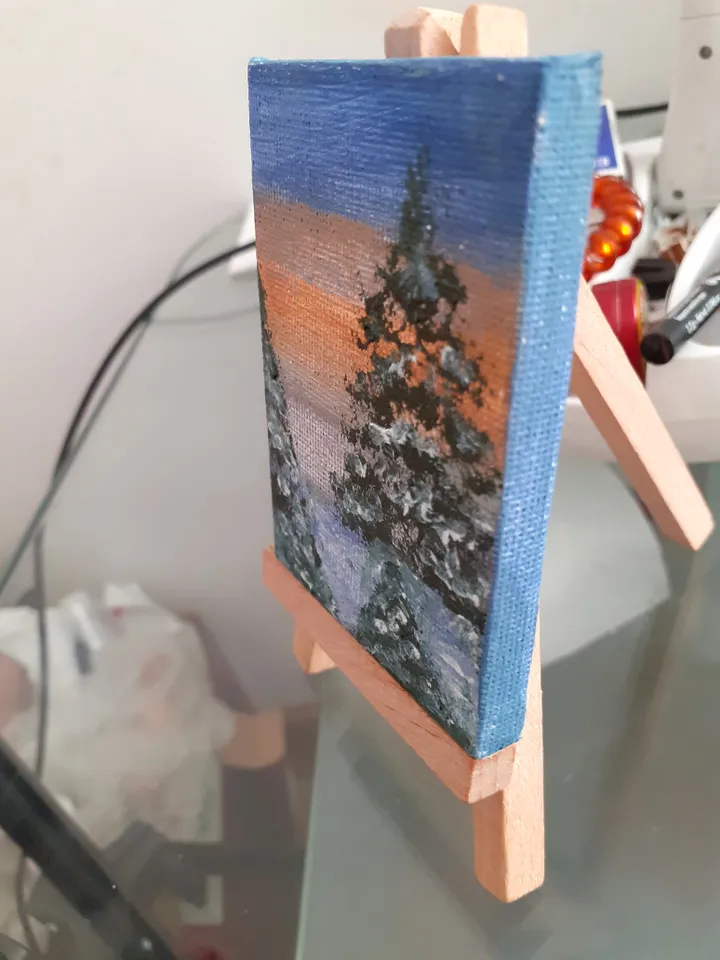 Oil Painting Winter Forest Pine Trees in the Snow Forest Landscape Miniature Stretched Canvas 3.5 x 2.5 inches On a wooden stand \set\ Collectible art Gift for the occasion Decor of walls and other surfaces