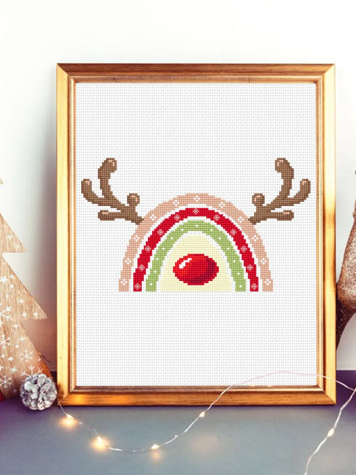 Christmas rainbow reindeer cross stitch pattern PDF download Rainbow cross stitch chart, Christmas pattern digital PDF, Deer antlers #N134