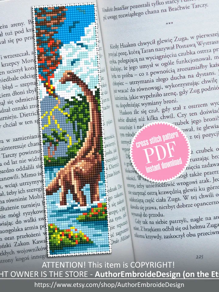 Bookmark cross stitch pattern download PDF Modern handmade bookmark digital PDF Dinosaur cross stitch chart, Nature lover gift, Volcano #B74