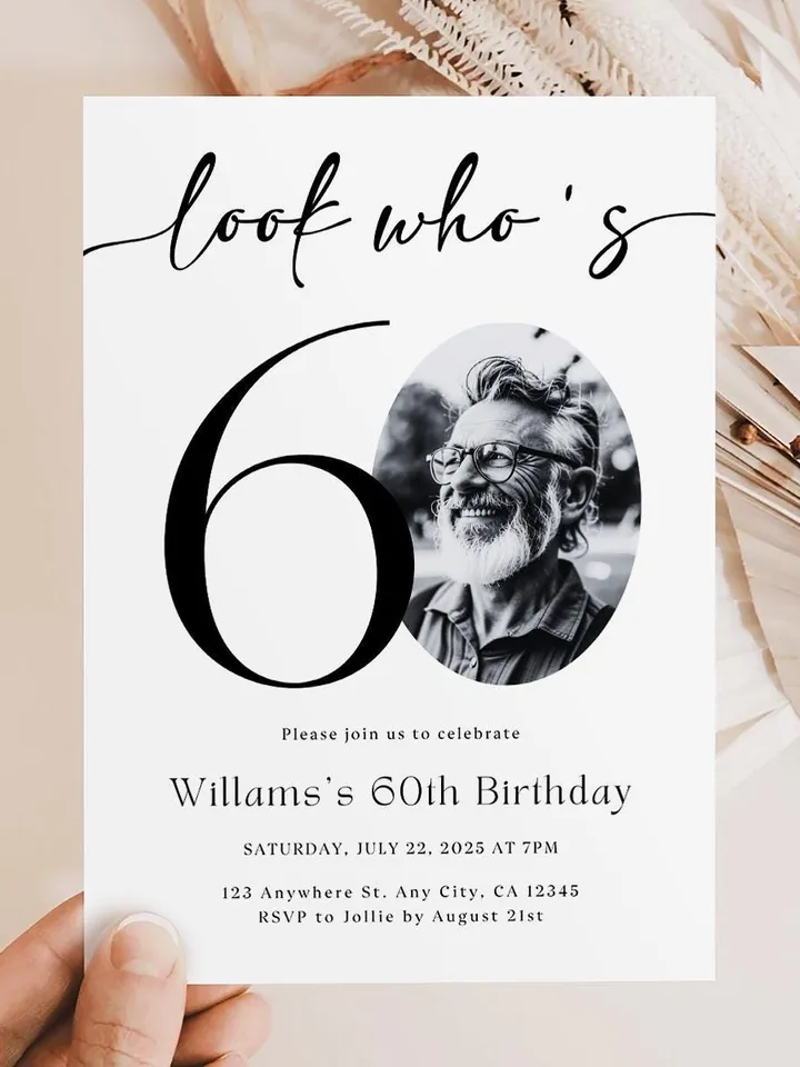 Look Who's 60 Funny Birthday Invitation, 60th Invitation with photo, 60th Birthday Invitation for Men, Simple 60th Invite, Male 60th Invites