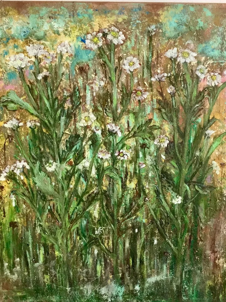 Chrysanthemums painting,Abstract chrysanthemums,fantasy forest of flowers,oil painting,mixed media background,stretched canvas