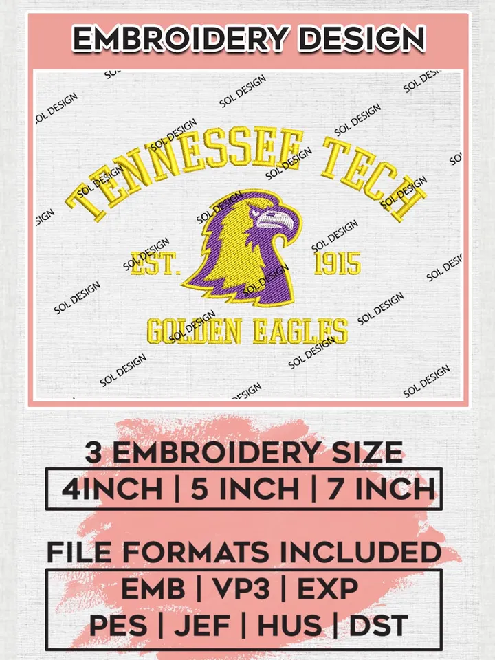 Tennessee Tech Golden Eagles Est 1915 Embroidery Designs, NCAA Tennessee Tech Golden Eagles Team Embroidery, NCAA Team Logo, 3 sizes, Machine embroidery Files, Digital Download