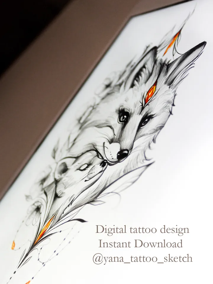 Fox Tattoo Design Family Fox Tattoo Idea Stencil Fox Cub Tattoo Sketch, Instant download PDF, JPG