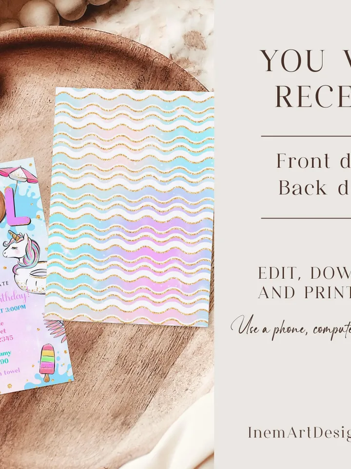 Pool Party Invitation Girl, Pool Party Unicorn Invitation Instant Download, Swimming Party Invite, Canva Editable Template