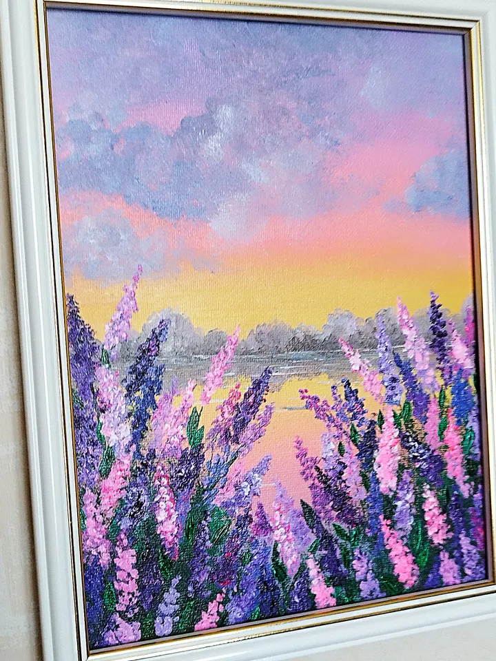 Sunset acrylic painting. Landscape art impasto wall decor