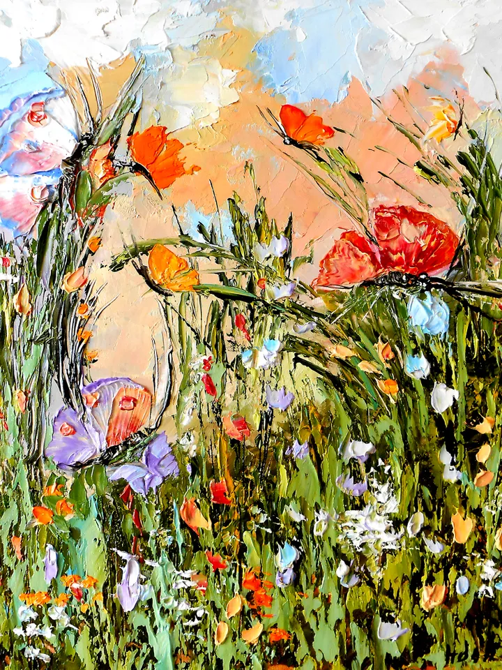 Flowers Original oil painting | Butterflies with wildflowers