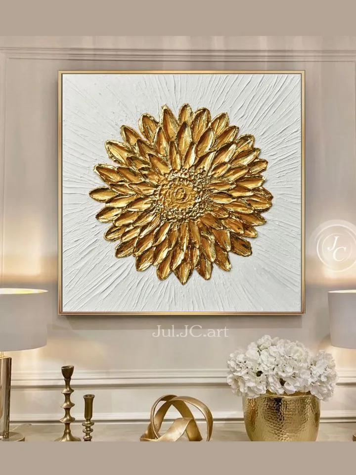 Golden Flower Abstract Wall Art Floral Original Painting Textured artwork Gold Leaf Wall Art Modern wall decor
