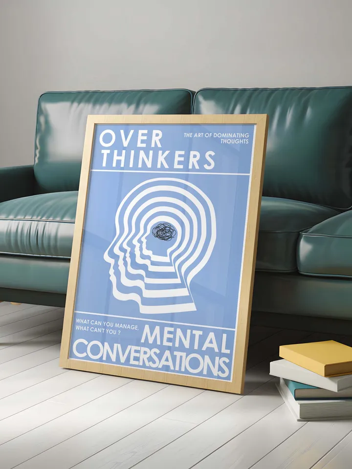 Overthinkers Wall Art Digital Print Retro Style Creativity Poster Eclectic Printable Artwork Trendy Room Decor Instant Download Blue White