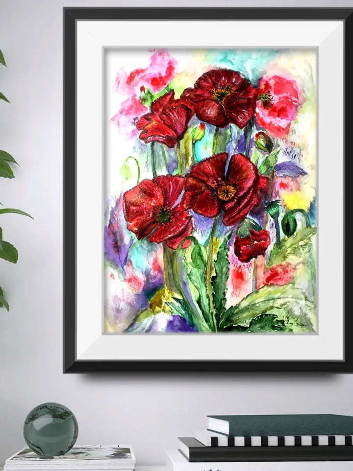 Poppies painting.Bright red flowers on abstract background ,watercolour original painting,framed.Gift for her.