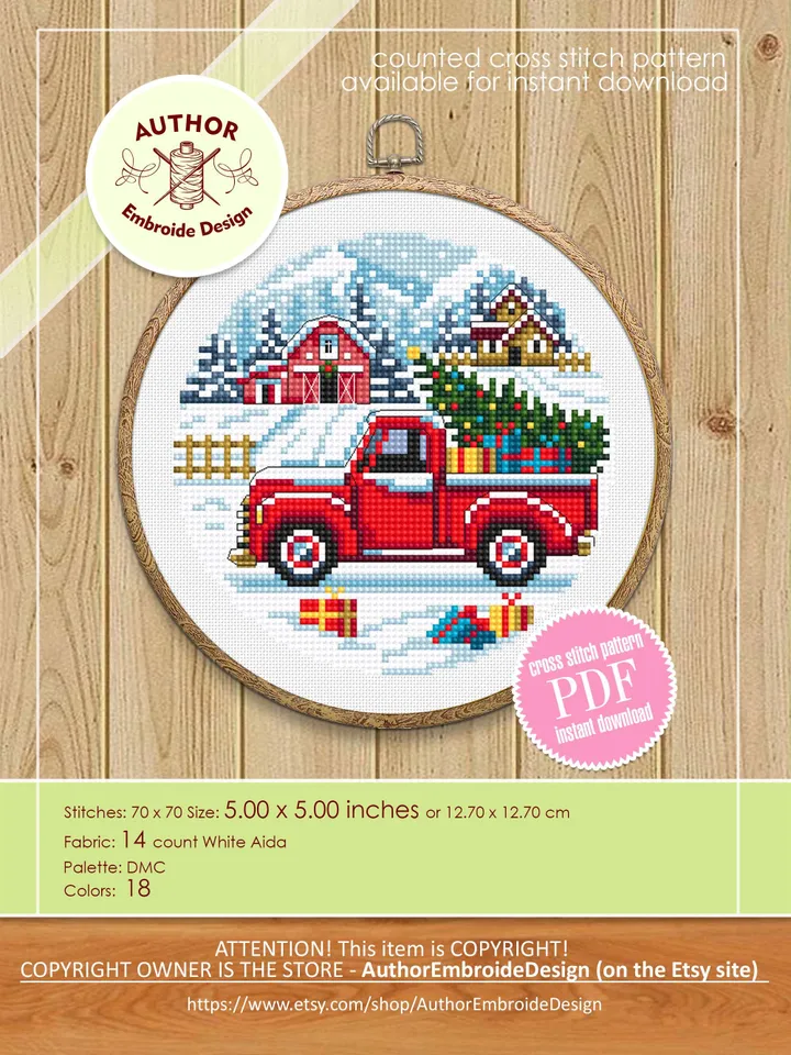 Christmas houses cross stitch pattern PDF download Winter landscape cross stitch chart, Merry Christmas pattern digital PDF, Red barn #N180