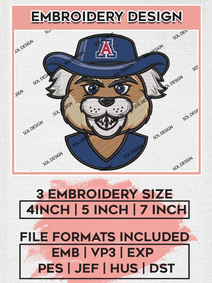 NCAA Arizona Wildcats Boy Team Mascot Logo Embroidery Design Files, NCAA Arizona Wildcats Machine Embroidery, NCAA Teams, 3 sizes, NCAA Machine embroidery designs, Digital Download