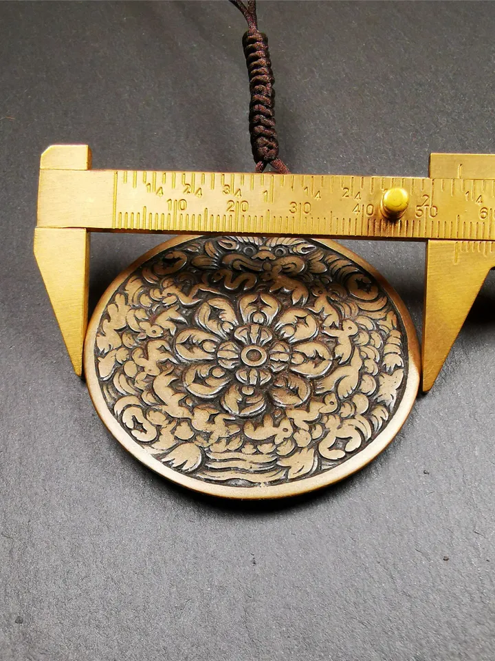 Gandhanra Vintage Tibetan Buddhist Calendar Badge,Melong Mirror, SIPAHO Amulet,Unique Mandala Flower Pattern,made of Lima Brass,2.16"