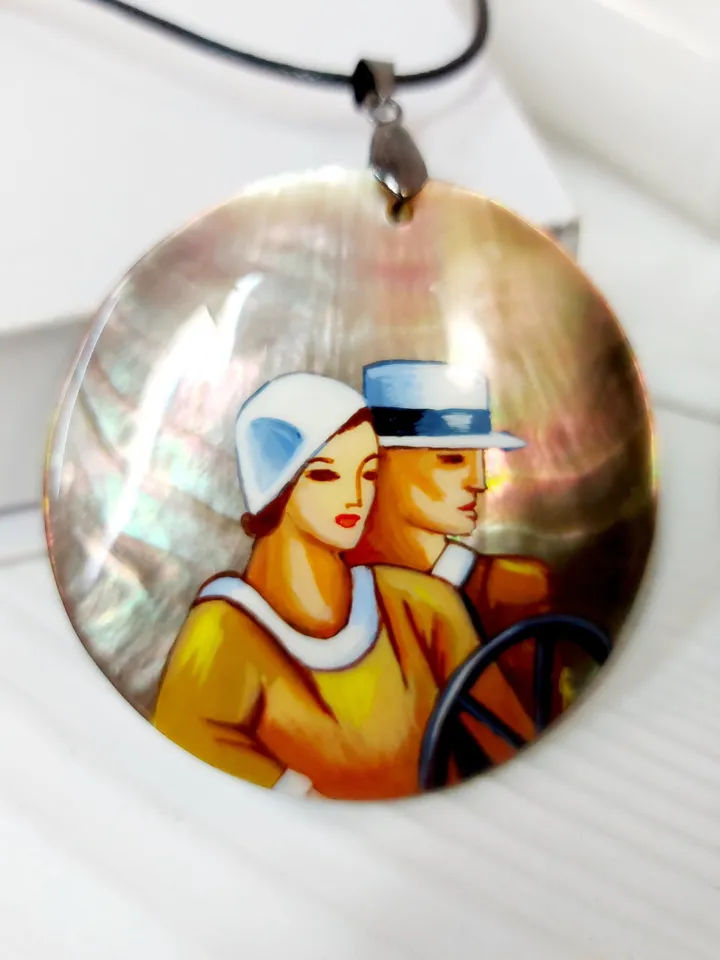 Russian Beautiful Pendant "Travelers" Mother-of-pearl hand-painted Russian jewelry miniature painting Gift for her Fedoskino Hand painted