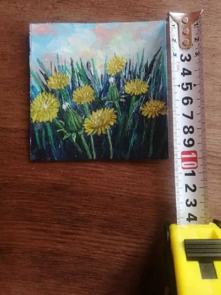Dandelion flowers in a clearing. Miniature oil painting.Size 100 x 100 mm