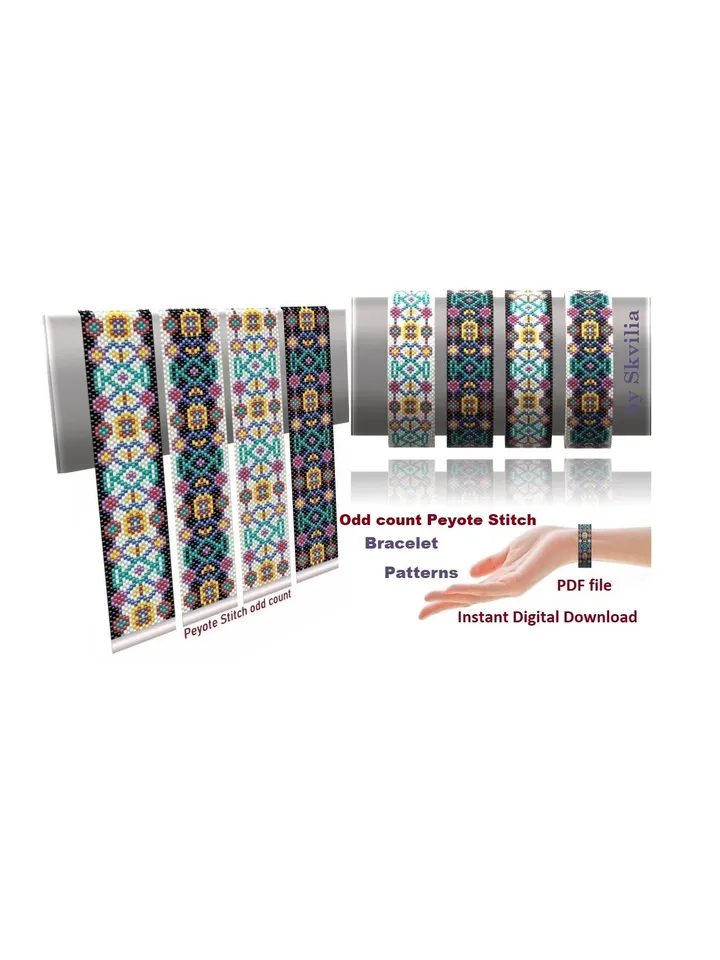 Cuff Bracelet Odd-Count Peyote Stitch Bead Patterns, Seed beads Miyuki Delica or Czech beads Preciosa, Instant Download