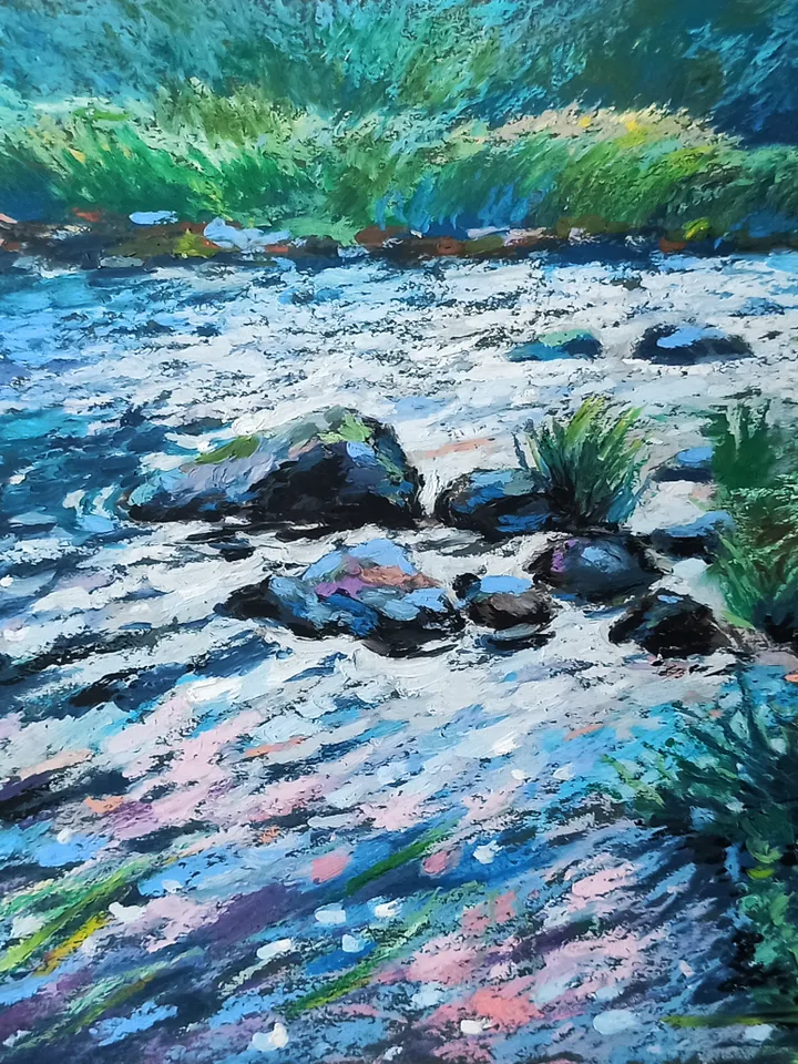 Summer landscape with a forest river, Fast river, Original oil pastel drawing on A4 kraft paper