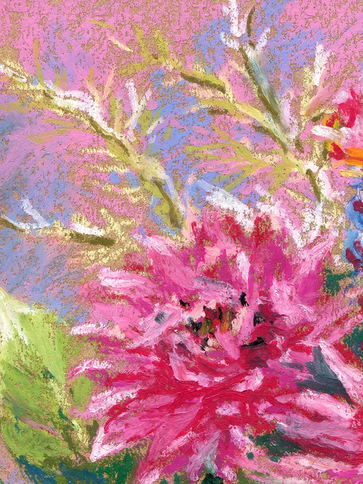 Flowers Bouquet Asters Drawing with oil pastels on A4 craft paper