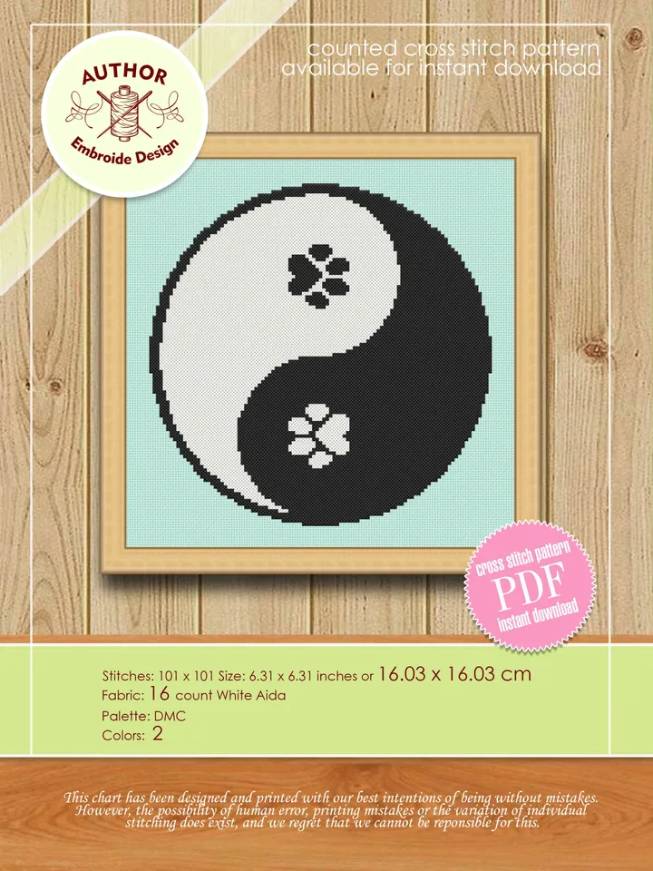 Yin Yang cross stitch pattern download PDF Ying yang mandala pattern digital Cat paw beginner stitch Chinese embroidery Cat lover gift #M90