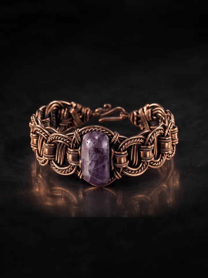 Copper wire wrapped bracelet with amethyst for lady Antique style WireWrapArt