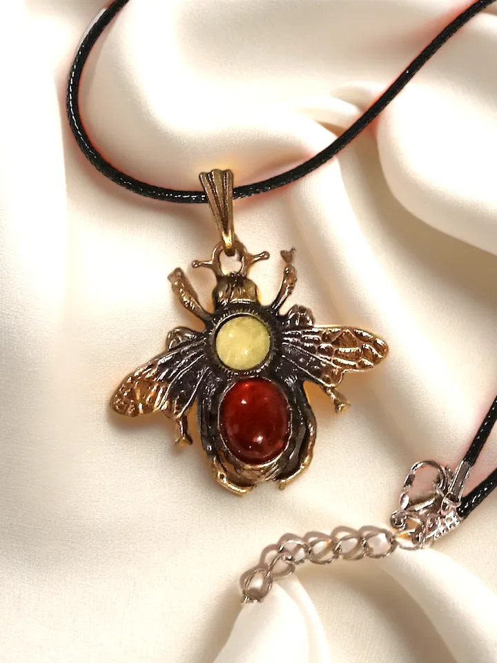 Honey Bee Jewelry Vintage Gold and Black with Amber Pendant Necklace Handmade Gift for Girl Women Summer Jewelry