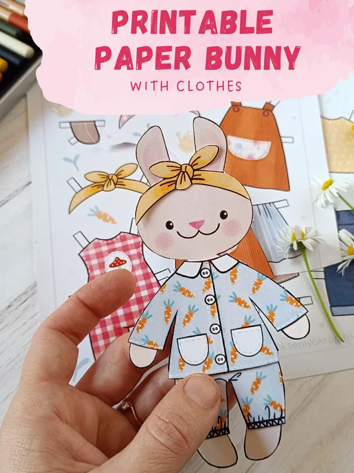 Printable Paper Bunny Doll Template, Dress Up Cut Out Doll, Busy Book Activities, Vintage Inspired Paper Doll, Nostalgic Craft Activities, Easter Bunny