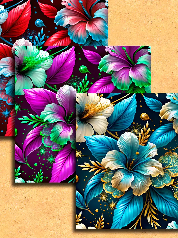 bright flowers hibiscus 18 pieces of patterns for printing on fabric, paper. Digital paper for creativity.