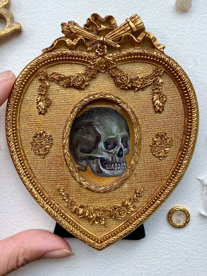 Tiny Skull Oil Painting Original In Vintage Style Frame Small Framed Still Life Art