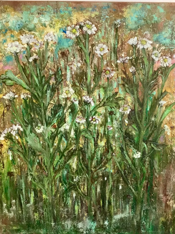 Chrysanthemums painting,Abstract chrysanthemums,fantasy forest of flowers,oil painting,mixed media background,stretched canvas