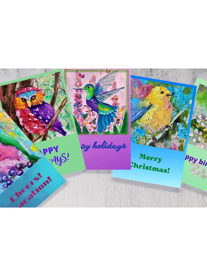 Greeting cards with birds, set of cards from my original paintings, funny birds on a printable card, digital download