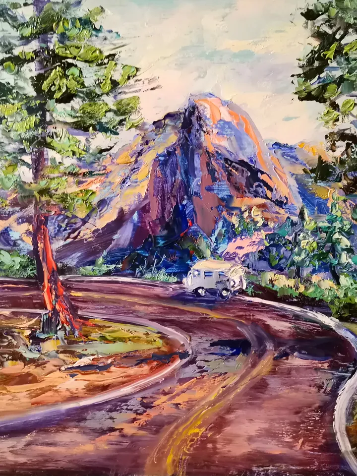 National Parks Trees Mountain Car Road Original Art Oil Painting Artist Svinar Oksana