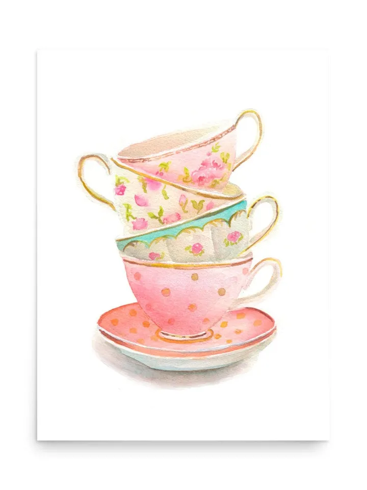 Tea Cups Watercolor Painting, Kitchen Wall Art, Tea Lover Gift, Tea Party, Vintage Kitchen Art, Art For Kitchen, Tea Time, Tea Decor