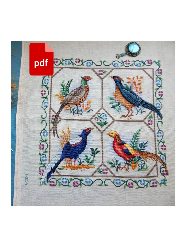 Pheasant Quartet cross stitch pattern, 4 Pheasants cross stitch pattern, bird cross stitch chart, pillow ornament embroidery pdf