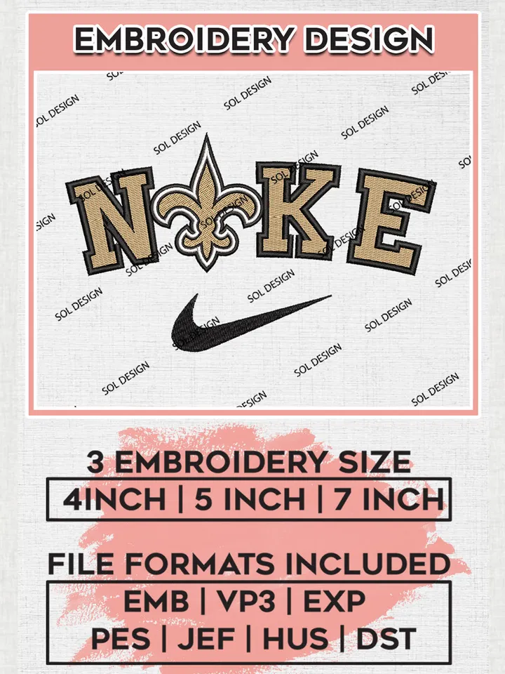 Nike New Orleans Saints Embroidery Designs, NFL Saints, NFL Embroidery Designs, NFL New Orleans Saints Machine Embroidery Design, Digital Download