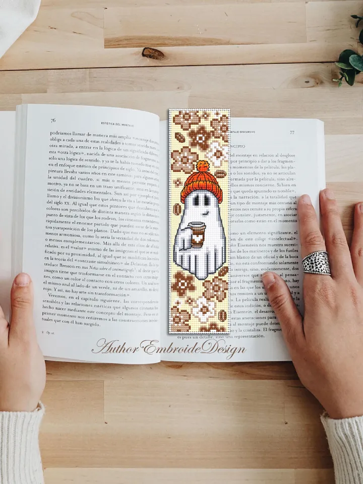 Ghost coffee bookmark cross stitch pattern PDF download Cute ghost cross stitch chart, Coffee Halloween bookmark pattern digital PDF #B367