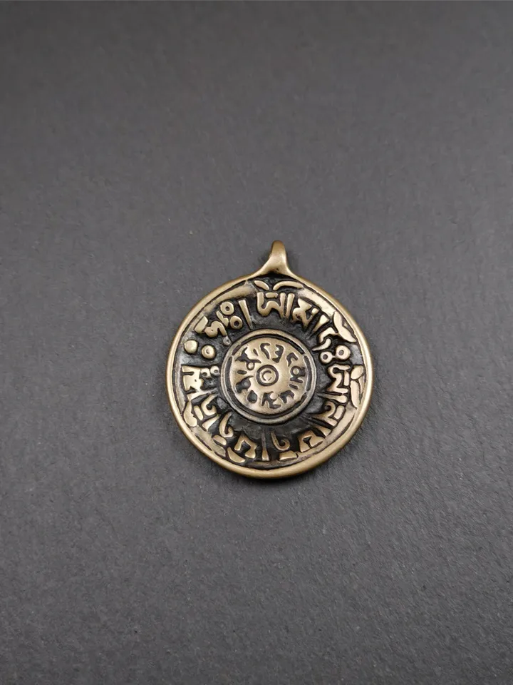 Gandhanra Vintage Tibetan Buddhist Amulet,Om Badge Pendant, Mantra of Om Mani Padme Hum, Made of Lima Brass,1.58"