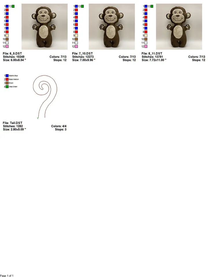 Monkey Stuffed Toy In The Hoop ITH Pattern plush Toy digital design for Machine Embroidery