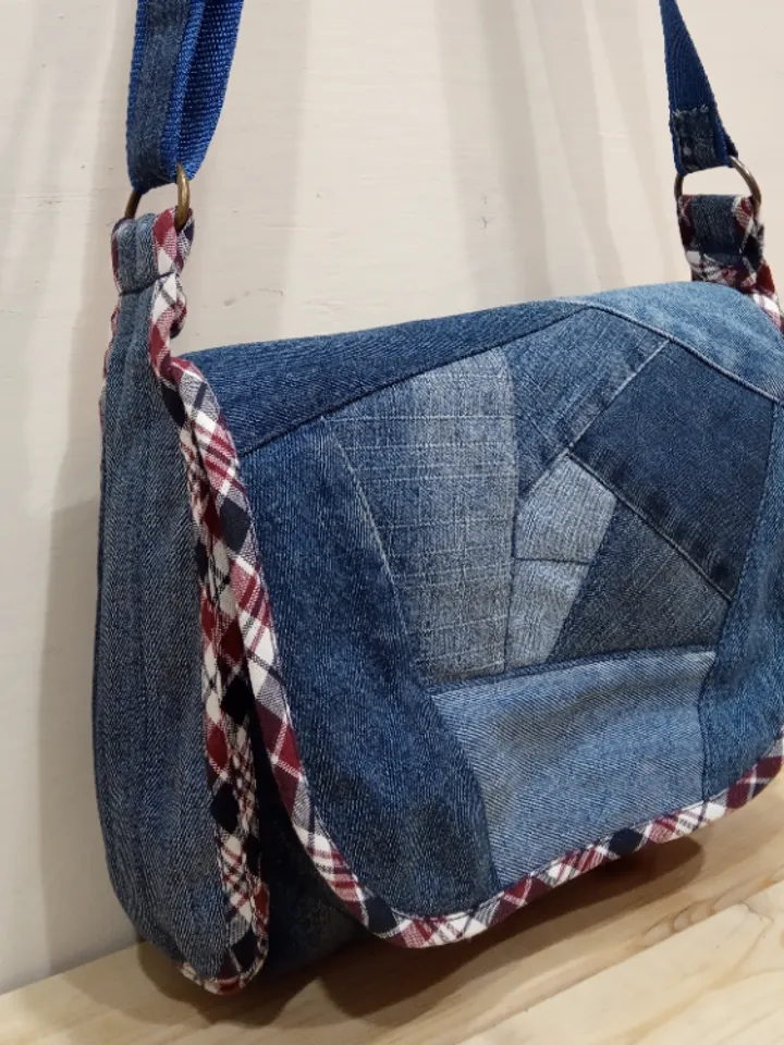 Denim original bag with a flap in the style of crazy patchwork made of eco-friendly material handmade