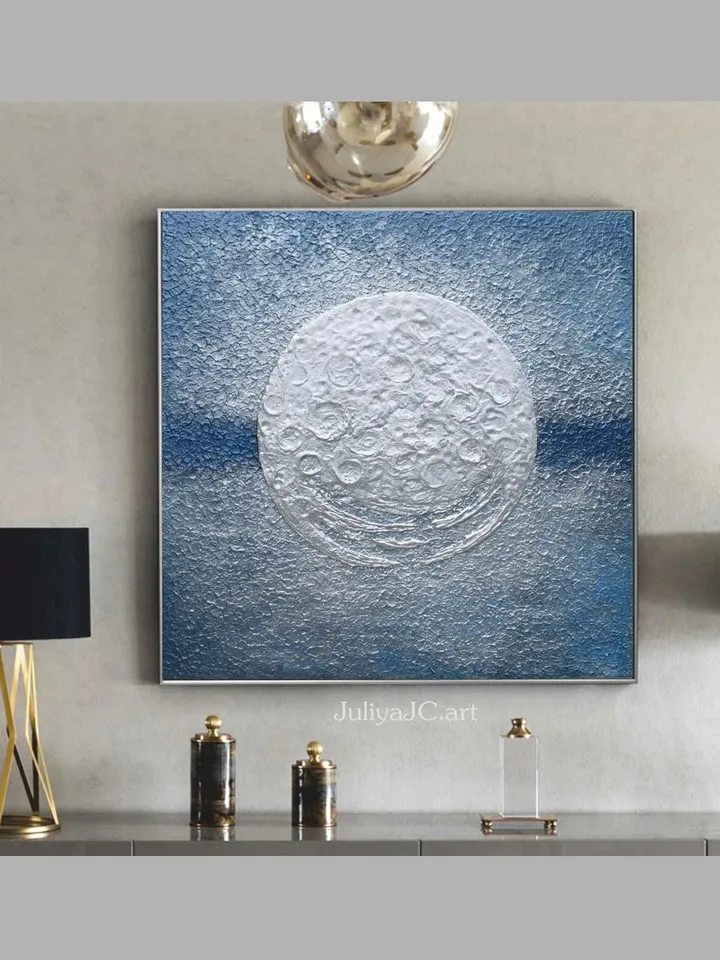 Silver Moon Painting Blue and Silver Abstract Wall Art | Full Moon Textured artwork Modern Original art