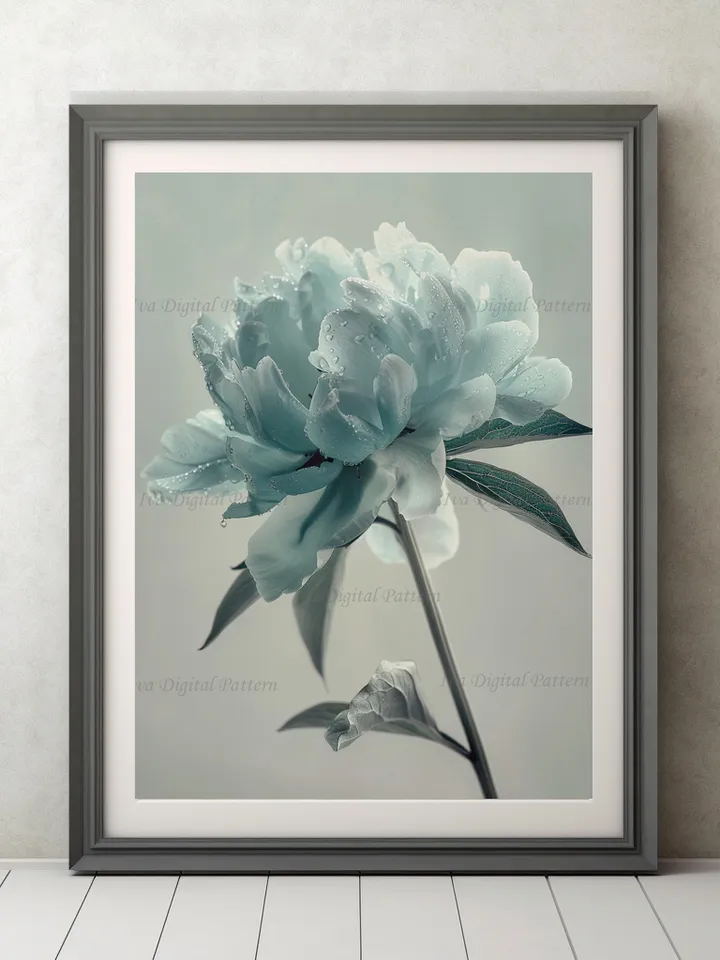 Digital Blue Flower Peony Art Print Abstractionism , Modern Wall Art Decor, Digital Prints, Instant Download AI