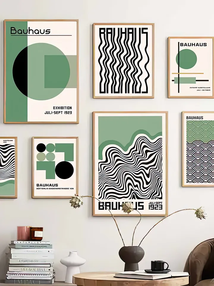 Bauhaus poster set of 8, premium printable, wall art prints, mid century modern, minimalist abstract geometric bundle, digital download arts