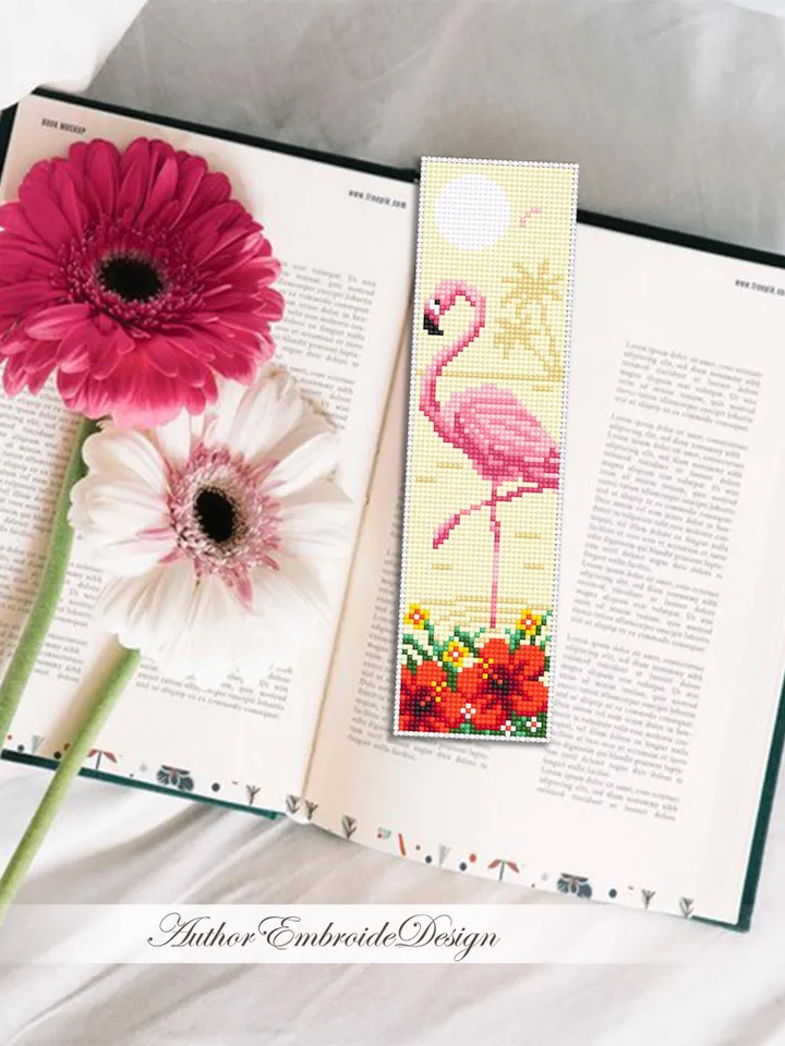 Flamingo bookmark cross stitch pattern PDF download Pink flamingo cross stitch chart, Nature bookmark pattern digital PDF, Pink bird #B441