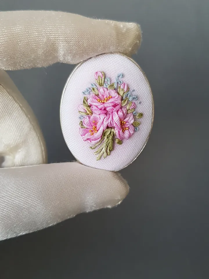 Ribbon embroidered pink brooch for her, embroidered jewelry, art 26