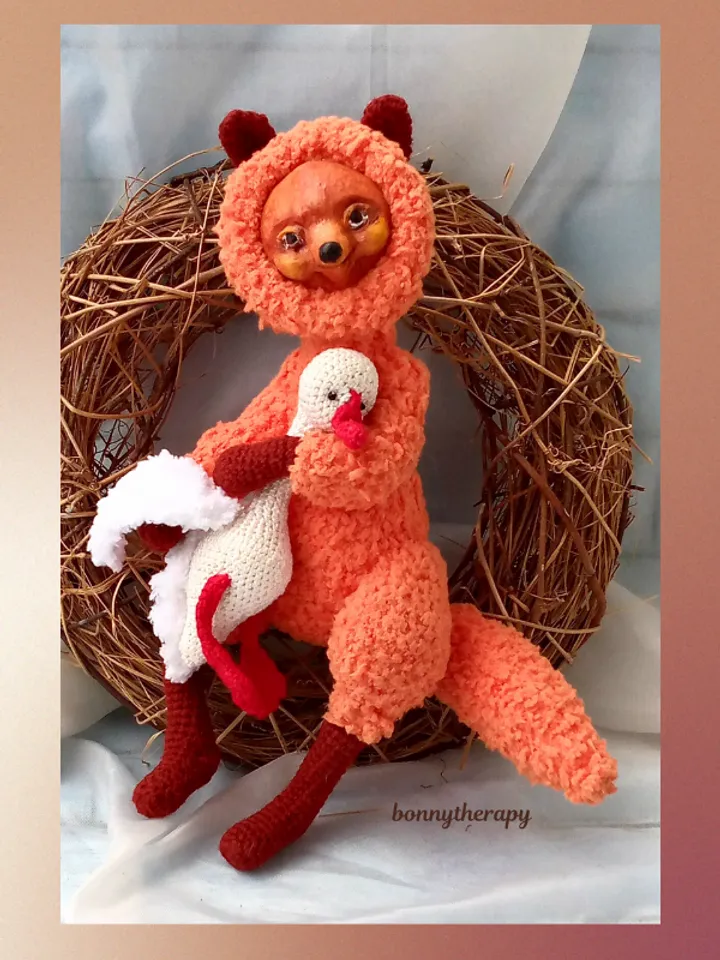 stuffed toy fox 5.9 inches sitting, crocheted cute fox with goose.