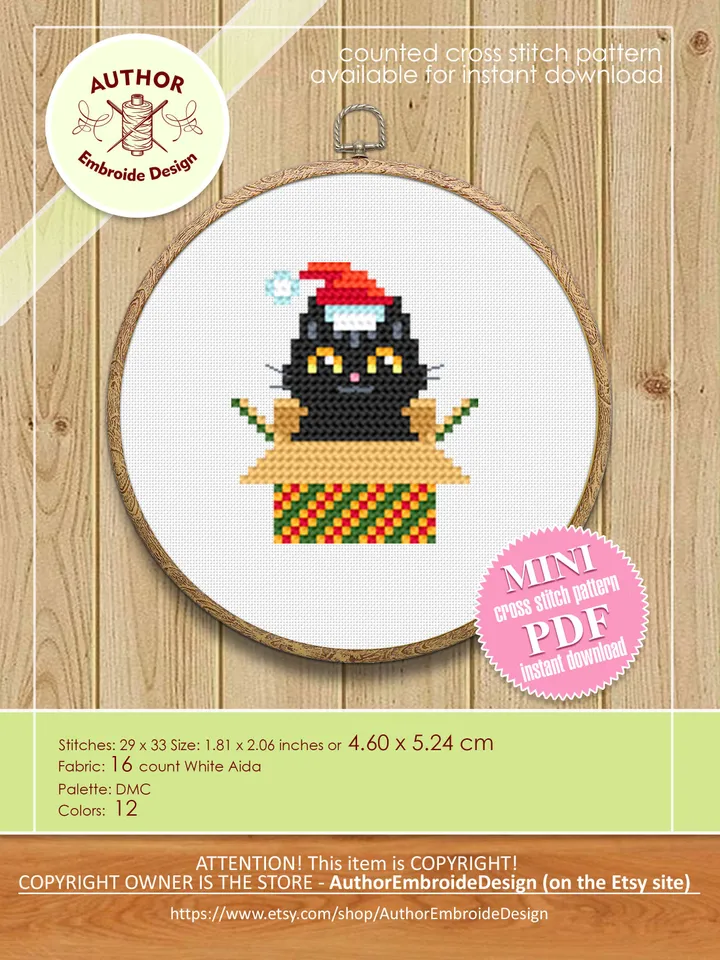 Set Christmas cats cross stitch pattern download PDF, Cute black cat embroidery PDF, Christmas mini cross stitch, Funny home cat decor #N78